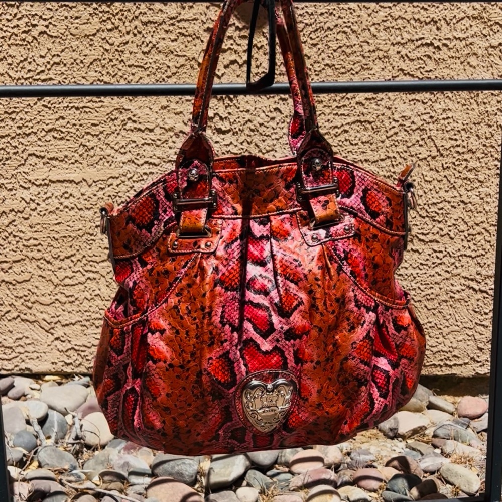 KATHY Van Zeeland Pink Red Snake Print Handbag Purse Tote Bag Large